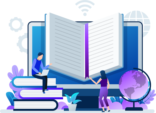 vector image of 2 people around books and a large book on a computer screen