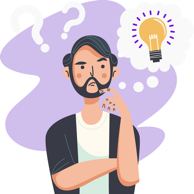 vector image of a guy pondering with question marks and a light bulb